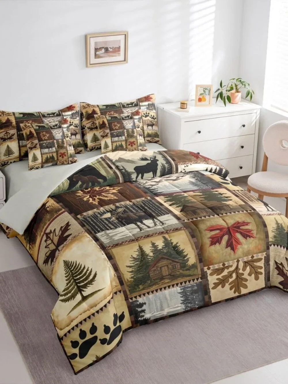 Lodge Queen Comforter Set with Sheets for Kids Boys Girls Cabin Rustic Moose 7 P